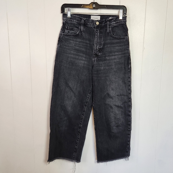 Frame Black Ultra High Rise Barrell Jeans Cropped Frayed Raw Hem Wide Size 24 - Picture 2 of 10
